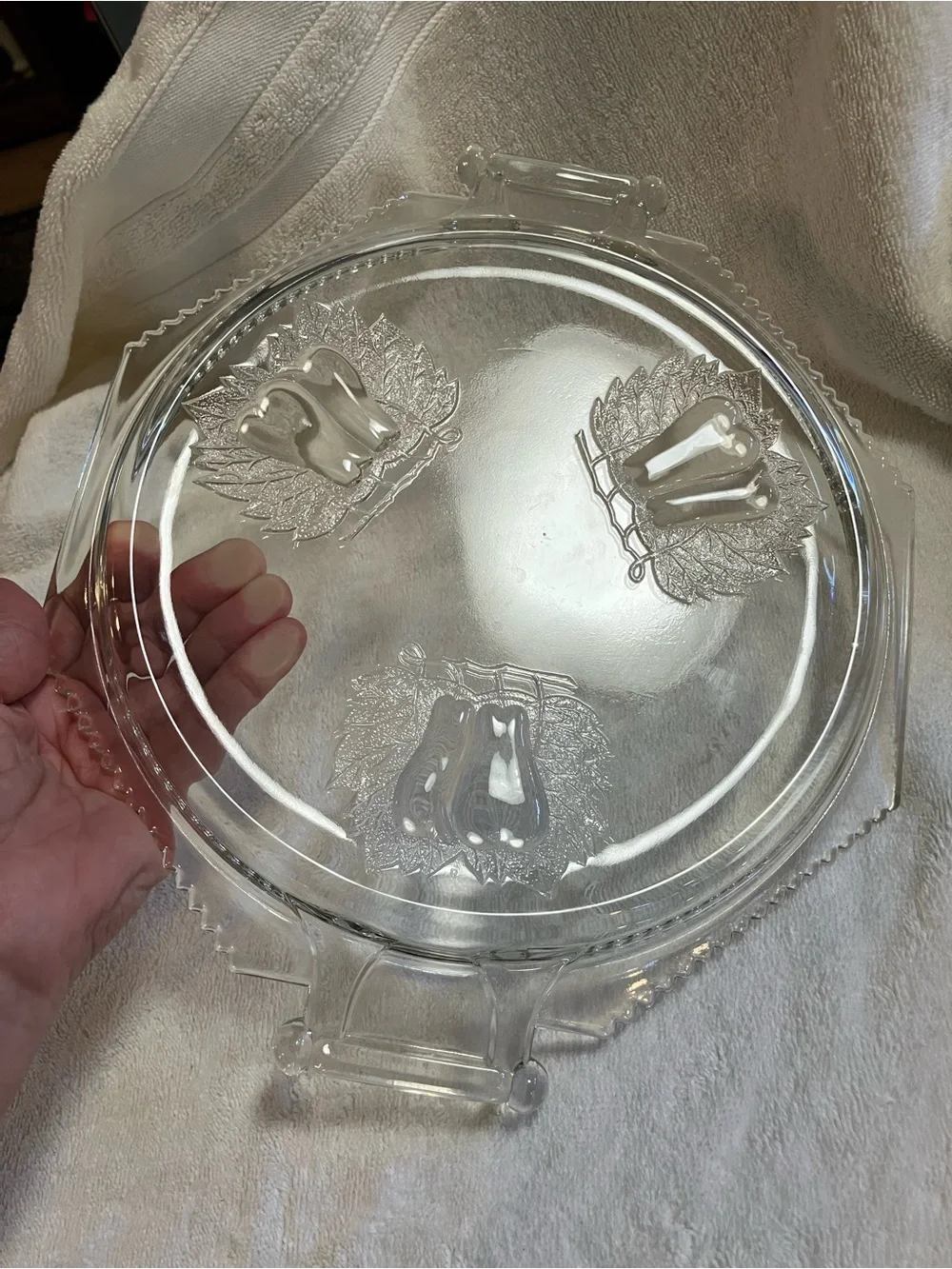 vintage Jeannette Glass Baltimore Pear handled cake plate embossed pears